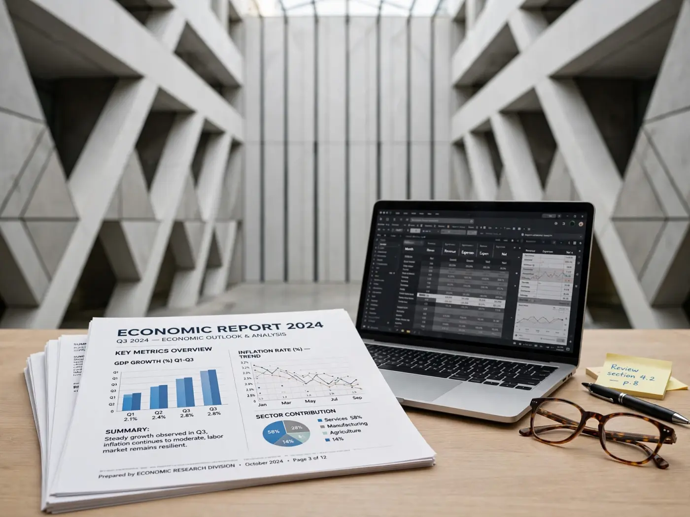 Informe económico impreso con gráficos junto a un portátil y gafas de lectura