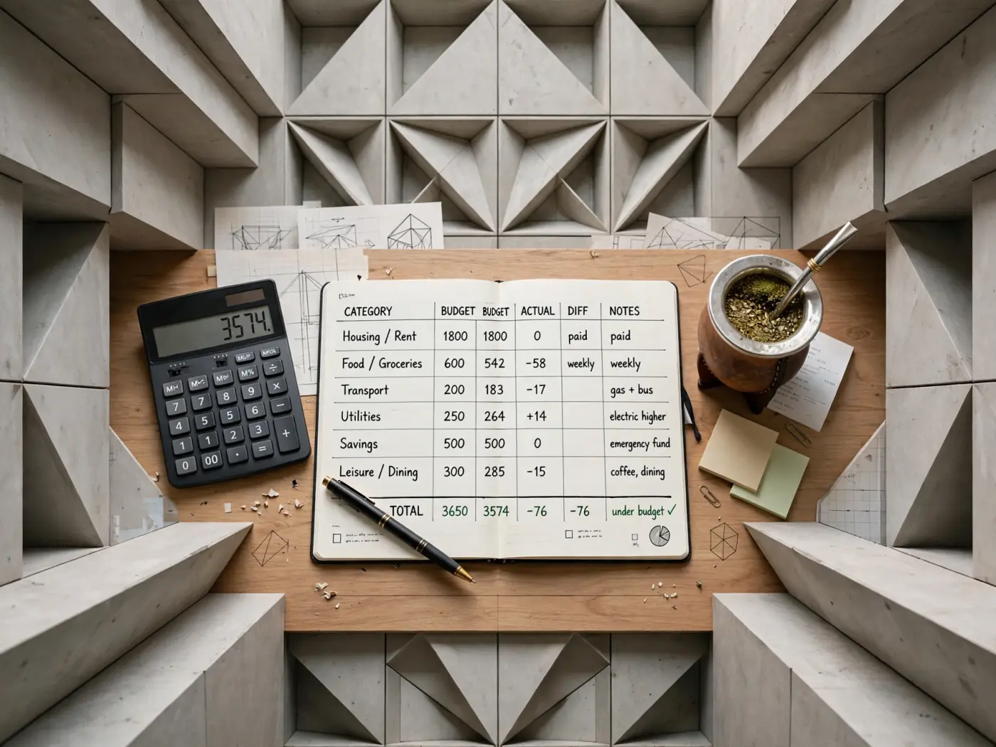 Planificación de presupuesto personal en un escritorio con cuaderno, calculadora, lapicera y mate
